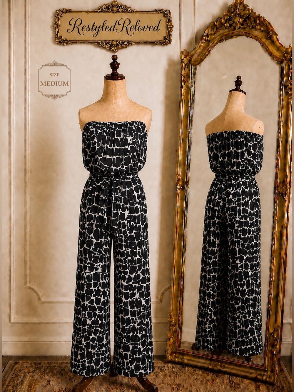 Ariella Made in USA Strapless Wide Leg Jumpsuit Black & White Print Size Medium